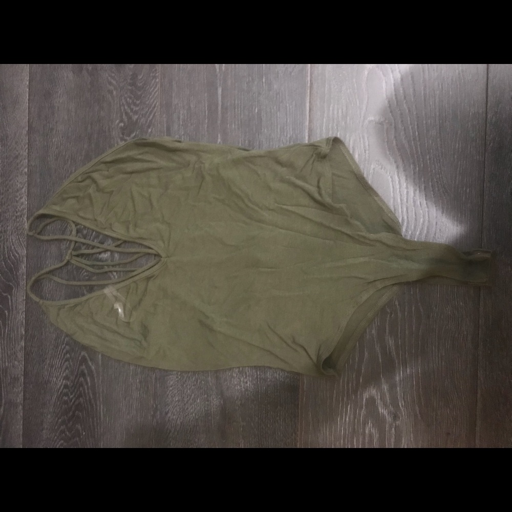 olive strappy bodysuit.